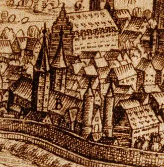 Extrait de dessin ancien montrant une église dotée de deux clochers octogonaux au transept et de deux tourelles en façade