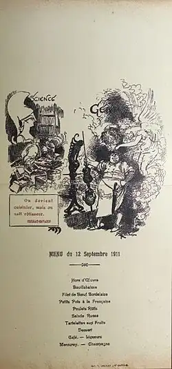 Menu illustrée par un dessin en noir et blanc de deux personnages aux traits accentués.