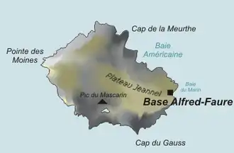 Carte de l'île de la Possession avec Port Alfred et la base Alfred-Faure.