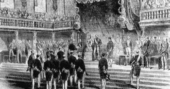 Gravure de 1870 avec foule réunie autour de l'Empereur Napoléon III.