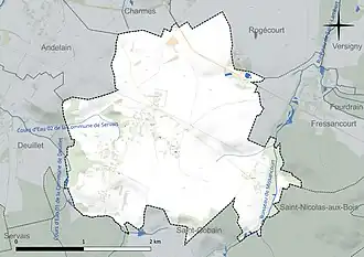 Carte en couleur présentant le réseau hydrographique de la commune
