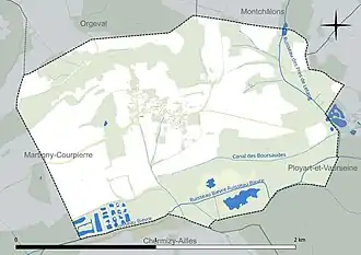 Carte en couleur présentant le réseau hydrographique de la commune