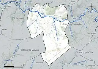 Carte en couleur présentant le réseau hydrographique de la commune