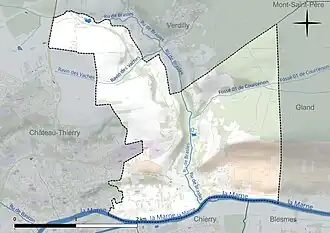 Carte en couleur présentant le réseau hydrographique de la commune