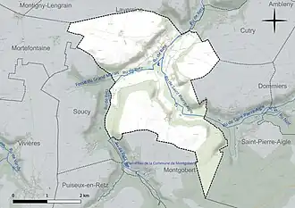 Carte en couleur présentant le réseau hydrographique de la commune