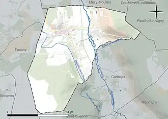 Carte en couleur présentant le réseau hydrographique de la commune