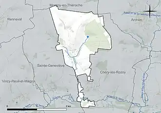 Carte en couleur présentant le réseau hydrographique de la commune