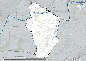 Carte en couleur présentant le réseau hydrographique de la commune