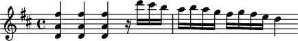 
\header {
  tagline = ##f
}

\score {
  \new Staff \with {

  }
<<
  \relative c'' {
    \key d \major
    \time 4/4
    \override TupletBracket #'bracket-visibility = ##f 
    \autoBeamOff

     %%%%%%%%%%%%%%%%%%%%%%%%%% K40
    \repeat unfold 3 { < fis a, d, >4 } r16 d'16[ cis b] a[ b a g] fis[ g fis e] d4

  }
>>
  \layout {
    \context {
      \remove "Metronome_mark_engraver"
    }
  }
  \midi {}
}
