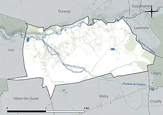 Carte en couleur présentant le réseau hydrographique de la commune