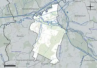 Carte en couleur présentant le réseau hydrographique de la commune