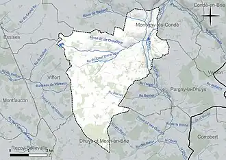 Carte en couleur présentant le réseau hydrographique de la commune