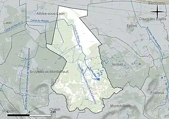 Carte en couleur présentant le réseau hydrographique de la commune