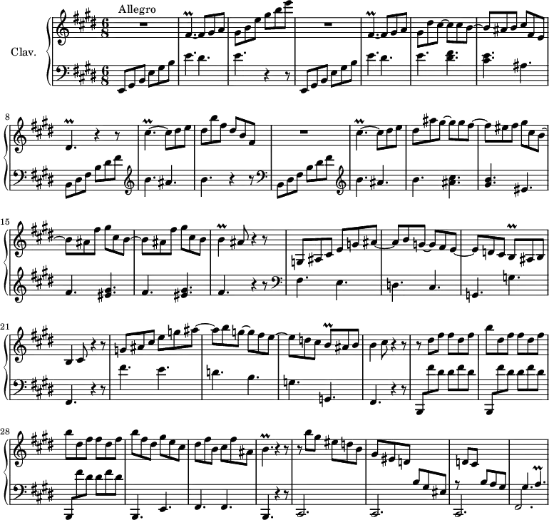 \version "2.18.2"
\header {
tagline = ##f
% composer = "Domenico Scarlatti"
% opus = "K. 403"
% meter = "Allegro"
}
%% les petites notes
trillFispDownA = { \tag #'print { fis,4.\prall~ } \tag #'midi { gis32 fis gis fis~ fis4~ } }
trillFispDownB = { \tag #'print { fis,,4.\prall~ } \tag #'midi { gis32 fis gis fis~ fis4~ } }
trillDisp = { \tag #'print { dis4.\prall } \tag #'midi { e32 dis e dis~ dis4~ } }
trillBp = { \tag #'print { b4.\prall } \tag #'midi { cis32 b cis b~ b4 } }
trillBq = { \tag #'print { b8\prall } \tag #'midi { cis32 b cis b } }
trillCispUp = { \tag #'print { cis'4.\prall~ } \tag #'midi { dis32 cis dis cis~ cis4~ } }
trillB = { \tag #'print { b4\prall } \tag #'midi { cis32 b cis b~ b8 } }
trillAp = { \tag #'print { a4.\prall } \tag #'midi { b32 a b a~ a4 } }
upper = \relative c'' {
\clef treble
\key e \major
\time 6/8
\tempo 4. = 102
\set Staff.midiInstrument = #"harpsichord"
\override TupletBracket.bracket-visibility = ##f
s8*0^\markup{Allegro}
R2. | \trillFispDownA fis8 gis a | gis b e gis b e | R2. | \trillFispDownB fis8 gis a |
% ms. 6
gis8 dis' cis~ cis cis b~ | b ais b cis fis, e | \trillDisp r4 r8 | \trillCispUp cis8 dis e | dis b' fis dis b fis |
% ms. 11
R2. | \trillCispUp cis8 dis e | dis ais' gis~ gis gis fis~ | fis eis fis gis cis, b~ | b ais fis' gis cis, b~ |
% ms. 16
b8 ais fis' gis cis, b | \trillB ais8 r4 r8 | g,8 ais cis e g ais~ | ais b g~ g fis e~ | e d cis \trillBq ais8 b |
% ms. 21
b4 cis8 r4 r8 | g'8 ais cis e g ais~ | ais b g~ g fis e~ | e d cis \trillBq ais8 b | b4 cis8 r4 r8 |
% ms. 24
r8 \repeat unfold 3 { dis fis fis dis fis | b } fis dis gis e cis | dis fis b, cis fis ais, | \trillBp r4 r8 |
% ms. 32
r8 b'8 gis eis d b | gis eis d \stemUp \change Staff = "lower" b gis eis r8 \change Staff = "upper" d' cis \stemUp \change Staff = "lower" b a gis gis4. \trillAp
}
lower = \relative c' {
\clef bass
\key e \major
\time 6/8
\set Staff.midiInstrument = #"harpsichord"
\override TupletBracket.bracket-visibility = ##f
% ************************************** \appoggiatura \repeat unfold 2 { } \times 2/3 { }
e,,8 gis b e gis b | e4. dis | e r4 r8 | e,,8 gis b e gis b | e4. dis |
% ms. 6
e4. < dis fis >4. | < cis e > ais | b,8 dis fis b dis fis | \clef treble b4. ais | b r4 r8 \clef bass
% ms. 11
b,,8 dis fis b dis fis | \clef treble b4. ais | b < ais cis >4. | < gis b > eis | fis < eis gis > |
% ms. 16
fis4. < eis gis > | fis4. r4 r8 | \clef bass fis,4. e | d cis | g g' |
% ms. 21
fis,4. r4 r8 | fis''4. e | d b | g g, | fis r4 r8 |
% ms. 24
\repeat unfold 3 { b,8 fis''' dis dis fis dis } | b,,4. e fis fis b, r4 r8 |
% ms. 32
\repeat unfold 3 { cis2. } | fis2. |
}
thePianoStaff = \new PianoStaff <<
\set PianoStaff.instrumentName = #"Clav."
\new Staff = "upper" \upper
\new Staff = "lower" \lower
>>
\score {
\keepWithTag #'print \thePianoStaff
\layout {
#(layout-set-staff-size 17)
\context {
\Score
\override SpacingSpanner.common-shortest-duration = #(ly:make-moment 1/2)
\remove "Metronome_mark_engraver"
}
}
}
\score {
\keepWithTag #'midi \thePianoStaff
\midi { }
}