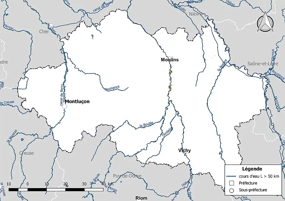 Carte des cours d'eau de longueur supérieure à 50&nbsp;km de l'Allier.