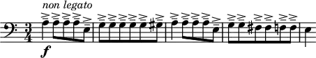 
\version "2.18.2"
\header {
  tagline = ##f
}

\score {
  \new Staff \with {

  }
<<
  \relative c' {
    \clef bass
    \key a \minor
    \time 3/4
    \override TupletBracket #'bracket-visibility = ##f 

     %%% Prélude thème 1
     a4-- ->\f^\markup{ \italic "non legato"} a8-- -> a-- -> a-- -> e-- -> g-- -> g-- -> g-- -> g-- -> g-- -> gis-- -> a4-- -> a8-- -> a-- -> a-- -> e-- -> g-- -> g-- -> fis-- -> fis-- -> f-- -> f-- -> e4

  }
>>
  \layout {
     \context { \Score 
     \override SpacingSpanner.common-shortest-duration = #(ly:make-moment 1/3)
     \remove "Metronome_mark_engraver" }
  }
  \midi { \tempo 4 = 120 }
}
