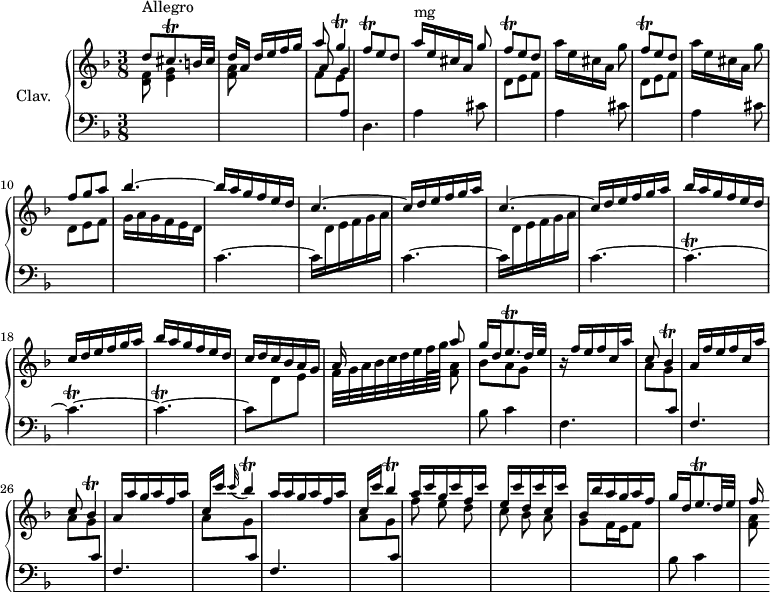 
\version "2.18.2"
\header {
  tagline = ##f
  % composer = "Domenico Scarlatti"
  % opus = "K. 5"
  % meter = "Allegro"
}

%% les petites notes
trillCp     = { \tag #'print { c4.\trill~ } \tag #'midi { \repeat unfold 6 { d32 c~ } } }
trillGp     = { \tag #'print { g4\trill } \tag #'midi { a32 g a g~ g8 } }
trillFq     = { \tag #'print { f8\trill } \tag #'midi { g32 f g f } }
trillFqUp   = { \tag #'print { f'8\trill } \tag #'midi { g32 f g f } }
trillCisqp  = { \tag #'print { cis8.\trill } \tag #'midi { d32 cis d cis~ cis16 } }
trillBesp   = { \tag #'print { bes4\trill } \tag #'midi { c32 bes c bes~ bes8 } }
trillEqp    = { \tag #'print { e8.\trill } \tag #'midi { f32 e f e~ e16 } }

upper = \relative c'' {
  \clef treble 
  \key d \minor
  \time 3/8
  \tempo 4. = 58
  \set Staff.midiInstrument = #"harpsichord"

      s8*0^\markup{Allegro}
      \stemUp d8 \trillCisqp b32 cis | d16[ a] d e f g | << { a8 \trillGp } \\ { \stemUp \shiftOn a,8 g4 } >> | \trillFqUp e8 d | a'16^\markup{mg}[ e cis a] g'8 |  \repeat unfold 2 { \trillFq e8 d | \stemNeutral a'16[ e cis a] g'8 \stemUp } |
      % ms. 10
      f8 g a | bes4.^~ | bes16 a g f e d | c4.^~ | c16 d e f g a | 
      % ms. 15
      c,4.^~ | \repeat unfold 2 { c16 d e f g a | bes a g f e d } | c d c bes a g | << { a16 s16 s8 a'8 } \\ { f,32 g a bes c d e f64 g s8 } >>
      % ms. 22
      << { g16 d \trillEqp d32 e } \\ { bes8 a g } >> r16 \repeat unfold 2 { f'16 e f c a' | c,8 \trillBesp a16 } a' g a f a | c, c' \appoggiatura c32 \trillBesp | a16 a g a f a |
      % ms. 30
      c,16 c' \trillBesp a16 c g c f, c' | e, c' d, c' c, c' | bes, bes' a g a f | g d \trillEqp d32 e | f16
}

lower = \relative c' {
  \clef bass
  \key d \minor
  \time 3/8
  \set Staff.midiInstrument = #"harpsichord"

    % ************************************** \appoggiatura \repeat unfold 2 {  } \times 2/3 { }
      \stemDown \change Staff = "upper" < d f >8 < e g >4 | < f a >8 s4 | f8 e \stemUp \change Staff = "lower" a, | \stemNeutral d,4. | a'4 cis8 | \stemDown \change Staff = "upper" d8 e f | \repeat unfold 2 { \change Staff = "lower" a,4 cis8 | \stemDown \change Staff = "upper"
      % ms. 8
      d8 e f } | g16 a g f e d | \repeat unfold 2 { \change Staff = "lower"  c4.~ | c16 \change Staff = "upper" d e f g a } \change Staff = "lower"
      % ms. 16
      c,4.~ \repeat unfold 3 { \trillCp } c8 \stemDown \change Staff = "upper"  d e | s4 < f a >8 \change Staff = "lower" 
      % ms. 22
      bes,8 c4 | \repeat unfold 4 { f,4. \stemDown \change Staff = "upper" a'8 g \stemUp \change Staff = "lower" c, } | \stemDown \change Staff = "upper" \autoBeamOff
      % ms. 31
      f'8 e d c bes a | \autoBeamOn g8 f16 e f8 | \change Staff = "lower" bes,8 c4 | \stemDown \change Staff = "upper" < f a >8

} 

thePianoStaff = \new PianoStaff <<
    \set PianoStaff.instrumentName = #"Clav."
    \new Staff = "upper" \upper
    \new Staff = "lower" \lower
  >>

\score {
  \keepWithTag #'print \thePianoStaff
  \layout {
      #(layout-set-staff-size 17)
    \context {
      \Score
     \override SpacingSpanner.common-shortest-duration = #(ly:make-moment 1/2)
      \remove "Metronome_mark_engraver"
    }
  }
}

\score {
  \keepWithTag #'midi \thePianoStaff
  \midi { }
}

