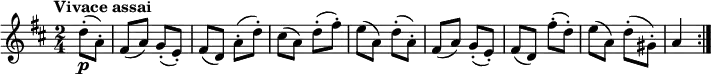 \version "2.18.2"
\relative c'' {
\key d \major
\time 2/4
\tempo "Vivace assai"
\tempo 4 = 160
\partial 4 d8-. \p (a-.)
fis (a ) g-. (e-.)
fis (d) a'-. (d-.)
cis (a ) d-. (fis-.)
e (a,) d-. (a-.)
fis (a) g-. (e-.)
fis (d) fis'-. (d-.)
e (a,) d-. (gis,-.)
a4 \bar ":|."
}