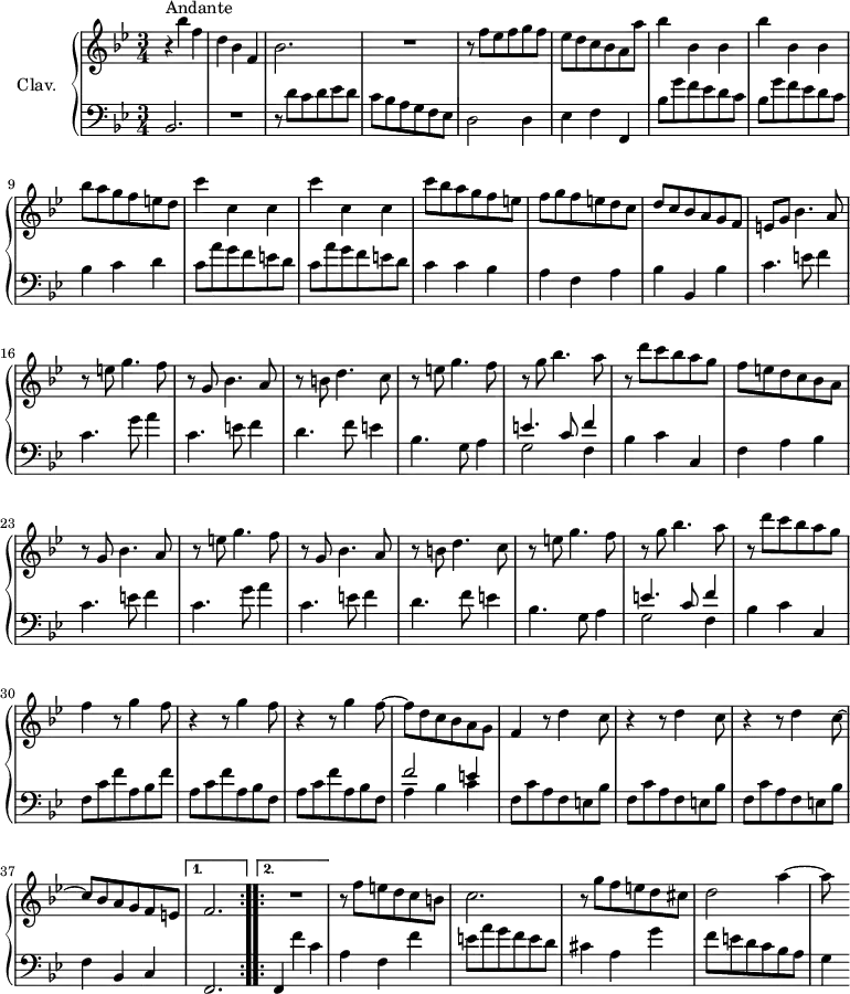 
\version "2.18.2"
\header {
  tagline = ##f
  % composer = "Domenico Scarlatti"
  % opus = "K. 472"
  % meter = "Andante"
}

%% les petites notes
%trillBesp     = { \tag #'print { bes4.\prall } \tag #'midi { c32 bes c bes~ bes4 } }

upper = \relative c'' {
  \clef treble 
  \key bes \major
  \time 3/4
  \tempo 4. = 82
  \set Staff.midiInstrument = #"harpsichord"
  \override TupletBracket.bracket-visibility = ##f

  \repeat volta 2 {
      s8*0^\markup{Andante}
      r4 bes'4 f | d bes f | bes2. | R2. | r8 f'8 ees f g f | 
      % ms. 6
      ees8 d c bes a a' | \repeat unfold 2 { bes4 bes, bes } | bes'8 a g f e d |  \repeat unfold 2 { c'4 c, c } |
      % ms. 12
      c'8 bes a g f e | f g f e d c | d c bes a g f | e g bes4. a8 |
      % ms. 16
      r8 e'8 g4. f8 | r8 g,8 bes4. a8 | r8 b8 d4. c8 | r8 e8 g4. f8 | r8 g8 bes4. a8 |
      % ms. 21
      r8 d8 c bes a g | f e d c bes a | r8 g8 bes4. a8 | r8 e'8 g4. f8 | r8 g,8 bes4. a8 |
      % ms. 26
      r8 b8 d4. c8 | r8 e8 g4. f8 | r8 g8 bes4. a8 | r8 d8 c bes a g | f4 r8 g4 f8 |
      % ms. 31
      \repeat unfold 2 { r4 r8 g4 f8~ } | f8 d c bes a g | f4 \repeat unfold 2 { r8 d'4 c8 | r4 } |
      % ms. 36
      r8 d4 c8~ | c8 bes a g f e }%repet
      \alternative {
       { f2. \bar ":..:" } 
       { R2. }
      }
      r8 f'8 e d c b | c2.
      % ms. 42
      r8 g'8 f e d cis | d2 a'4~ | a8

}

lower = \relative c' {
  \clef bass
  \key bes \major
  \time 3/4
  \set Staff.midiInstrument = #"harpsichord"
  \override TupletBracket.bracket-visibility = ##f

  \repeat volta 2 {
    % ************************************** \appoggiatura a16  \repeat unfold 2 {  } \times 2/3 { }   \omit TupletNumber 
      bes,2. | R2. | r8 d'8 c d ees d | c bes a g f ees  | d2 d4 |
      % ms. 6
      ees4 f f, | \repeat unfold 2 { bes'8 g' f ees d c } | bes4 c d | \repeat unfold 2 { c8 a' g f e d } |
      % ms. 12
      c4 c bes | a f a | bes bes, bes' | c4. e8 f4 |
      % ms. 16
      c4. g'8 a4 | c,4. e8 f4 | d4. f8 e4 | bes4. g8 a4 | << { e'4. c8 f4 } \\ { g,2 f4 } >>
      % ms. 21
      bes4 c c, | f a bes | c4. e8 f4 | c4. g'8 a4 | c,4. e8 f4 | 
      % ms. 26
      d4. f8 e4 | bes4. g8 a4 | << { e'4. c8 f4 } \\ { g,2 f4 } >> | bes4 c c, | f8 c' f a, bes f' |
      % ms. 31
      \repeat unfold 2 { a,8 c f a, bes f } | << { f'2 e4 } \\ { a,4 bes c } >> |  \repeat unfold 3 { f,8 c' a f e bes' } |
      % ms. 37
      f4 bes, c }%repet
      \alternative {
       { f,2. }  
       { f4 f'' c }
      } 
      a4 f f' | e8 a g f e d |
      % ms. 42
      cis4 a g' | f8 e d c bes a | g4 

}

thePianoStaff = \new PianoStaff <<
    \set PianoStaff.instrumentName = #"Clav."
    \new Staff = "upper" \upper
    \new Staff = "lower" \lower
  >>

\score {
  \keepWithTag #'print \thePianoStaff
  \layout {
      #(layout-set-staff-size 17)
    \context {
      \Score
     \override SpacingSpanner.common-shortest-duration = #(ly:make-moment 1/2)
      \remove "Metronome_mark_engraver"
    }
  }
}

\score {
  \unfoldRepeats
  \keepWithTag #'midi \thePianoStaff
  \midi { }
}
