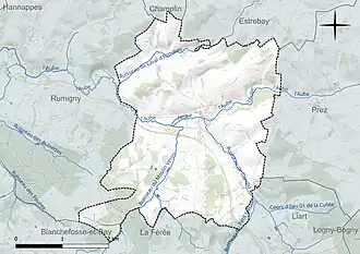 Carte en couleur présentant le réseau hydrographique de la commune