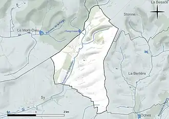 Carte en couleur présentant le réseau hydrographique de la commune