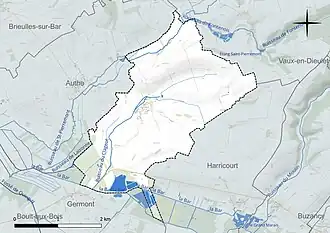 Carte en couleur présentant le réseau hydrographique de la commune
