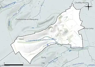 Carte en couleur présentant le réseau hydrographique de la commune