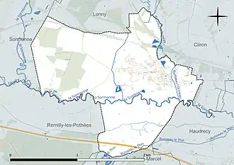 Carte en couleur présentant le réseau hydrographique de la commune