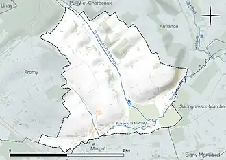 Carte en couleur présentant le réseau hydrographique de la commune
