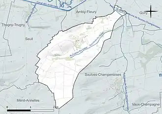 Carte en couleur présentant le réseau hydrographique de la commune