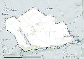 Carte en couleur présentant le réseau hydrographique de la commune