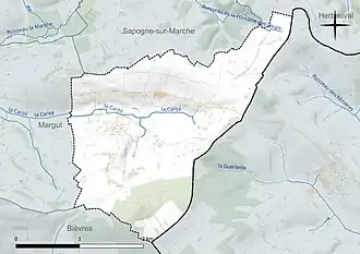 Carte en couleur présentant le réseau hydrographique de la commune