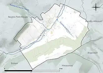 Carte en couleur présentant le réseau hydrographique de la commune