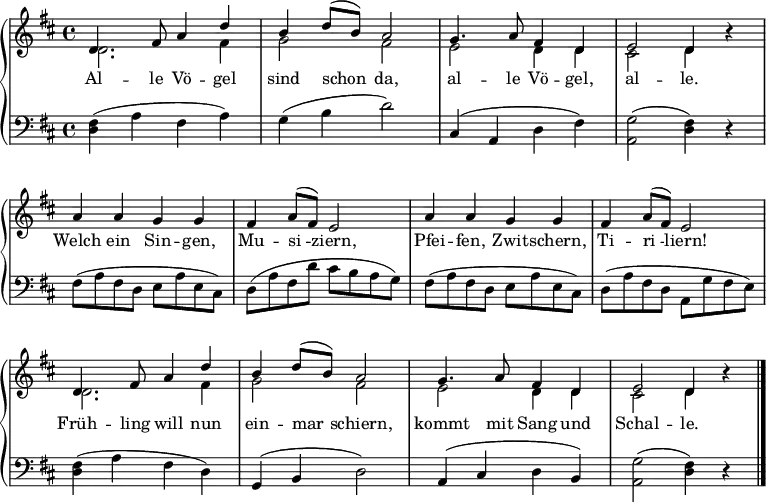 \header { tagline = ##f }
\score
{
{ \new PianoStaff <<
\new Staff \with { \consists "Merge_rests_engraver" } {
\key d \major \relative g' <<
{ \voiceOne
d4. fis8 a4 d | b d8 (b) a2 | g4. a8 fis4 d | e2 d4 r |
\repeat unfold 2 {a' a g g | fis a8( fis) e2 | }
d4. fis8 a4 d | b d8 (b) a2 | g4. a8 fis4 d | e2 d4 r \bar "|."
}
\addlyrics {
Al -- le Vö -- gel sind schon_ da,
al -- le Vö -- gel, al -- le.
Welch ein Sin -- gen, Mu -- si_ -- ziern,
Pfei -- fen, Zwit -- schern, Ti -- ri_ -- liern!
Früh -- ling will nun ein -- mar_ -- schiern,
kommt mit Sang und Schal -- le. }
\\
{ d2. fis4 | g2 fis |e d4 d | cis2 d4 r4 |
s1 | s1 |s1 | s1 |
d2. fis4 | g2 fis | e d4 d | cis2 d4 r
}
\new Staff { \clef bass
<< \key d \major \relative g
{ <fis d>4 (a fis a) | g (b d2) | cis,4 (a d fis) | <g a,>2 (<fis d>4) r4 |
fis8\pp (a fis d e a e cis) | d (a' fis d' cis b a g) |
fis8 (a fis d e a e cis) | d (a' fis d a g' fis e) |
<fis d>4\mf (a fis d) | g, (b d2) | a4 (cis d b) | <g' a,>2 (<fis d>4) r4
}
>>
}
>>
}
>>
}
\layout { indent = 0
\context { \Score \remove "Bar_number_engraver" }
\context { \Voice \remove "Dynamic_engraver" } }
\midi { \tempo 4 = 132 }
}