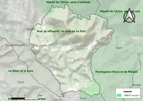 Carte des ZNIEFF de type 1 sur la commune.