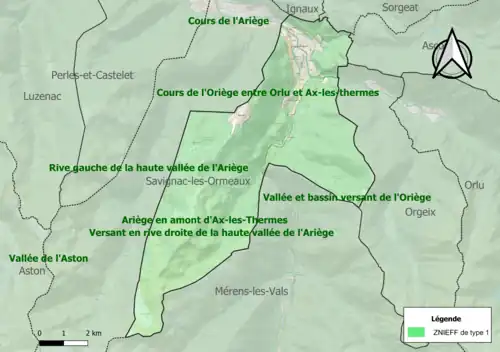 Carte des ZNIEFF de type 1 dans la commune.