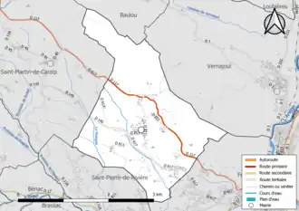 Carte en couleur présentant le réseau hydrographique de la commune