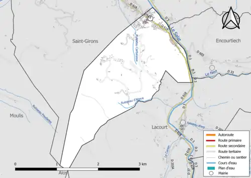 Carte en couleur présentant le réseau hydrographique de la commune
