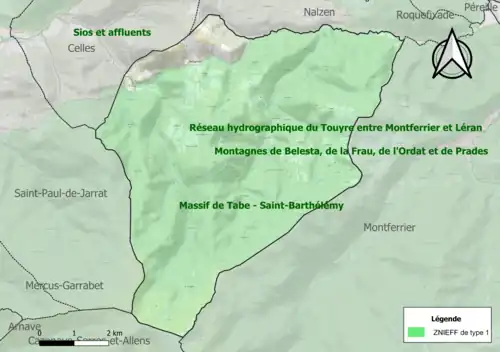Carte des ZNIEFF de type 1 sur la commune.