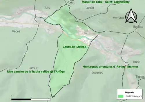 Carte des ZNIEFF de type 1 sur la commune.