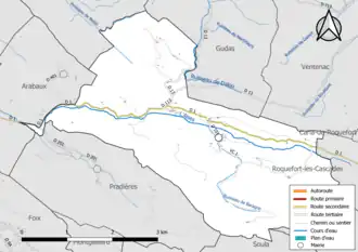 Carte en couleur présentant le réseau hydrographique de la commune