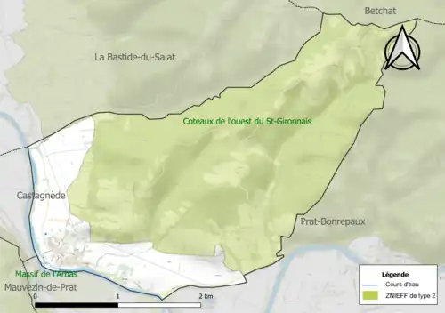Carte de la ZNIEFF de type 2 sur la commune.