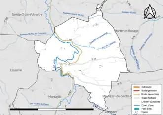 Carte en couleur présentant le réseau hydrographique de la commune