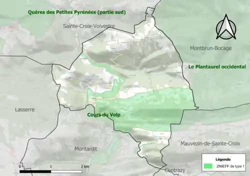Carte des ZNIEFF de type 1 sur la commune.