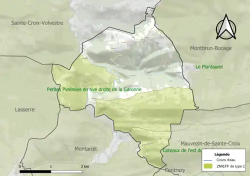Carte des ZNIEFF de type 2 sur la commune.