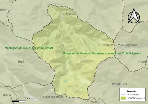 Carte des ZNIEFF de type 2 sur la commune.