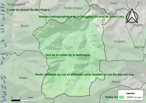 Carte des ZNIEFF de type 1 sur la commune.