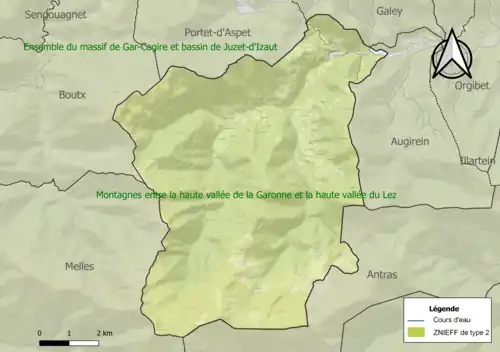 Carte des ZNIEFF de type 2 sur la commune.