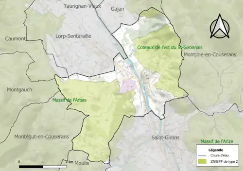 Carte des ZNIEFF de type 2 sur la commune.