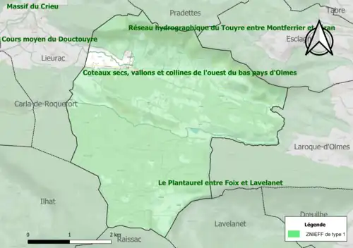 Carte des ZNIEFF de type 1 sur la commune.